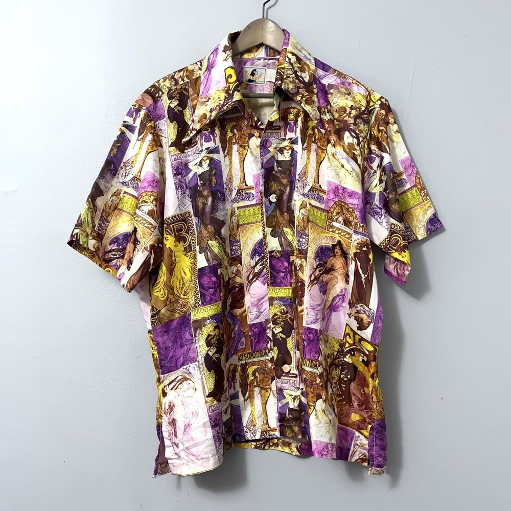 Vintage Otaheite Hawaiian Shirt Men XXL Art Nouveau Mucha AOP Dagger Collar 70s